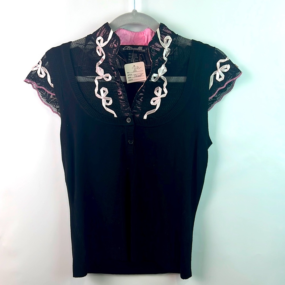 Etincelle Couture Black Lacy Top with Pink Bows